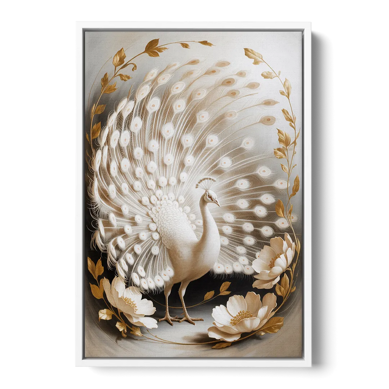Elegant Peacock in White and Gold Front - White Canvas Wall Art
