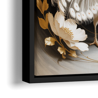 Elegant Peacock in White and Gold - Close-Up Black Frame Canvas