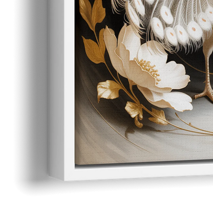 Elegant Peacock in White and Gold - Close-Up White Frame Canvas