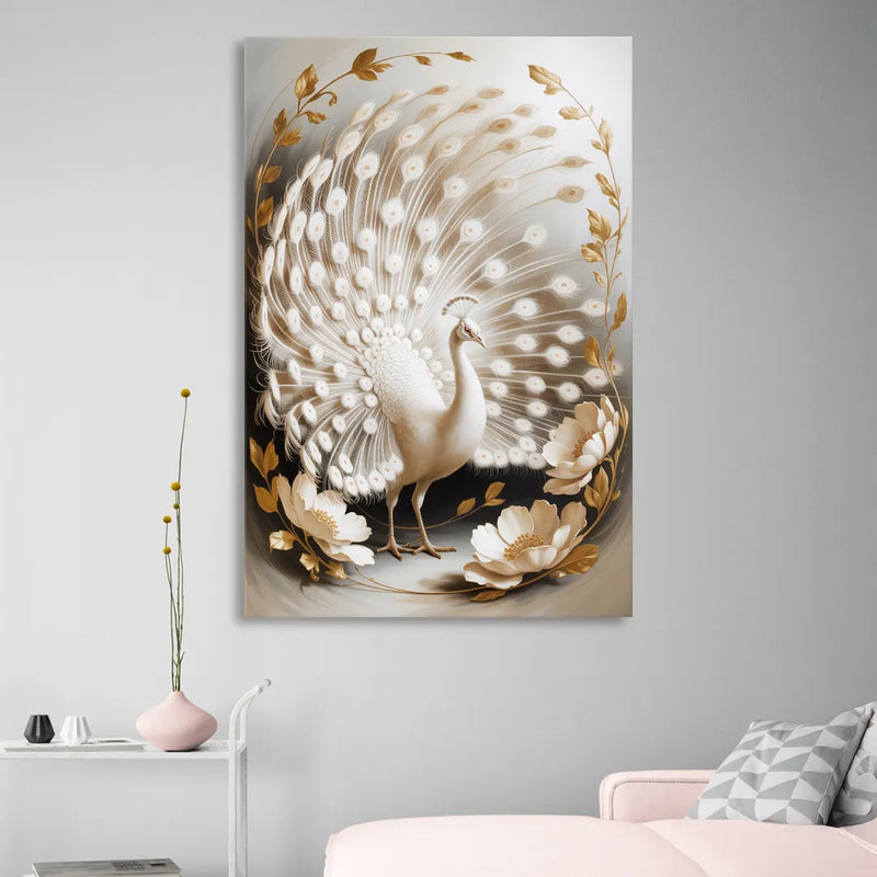 Elegant Peacock in White and Gold Sitting Room - Canvas Wall Art