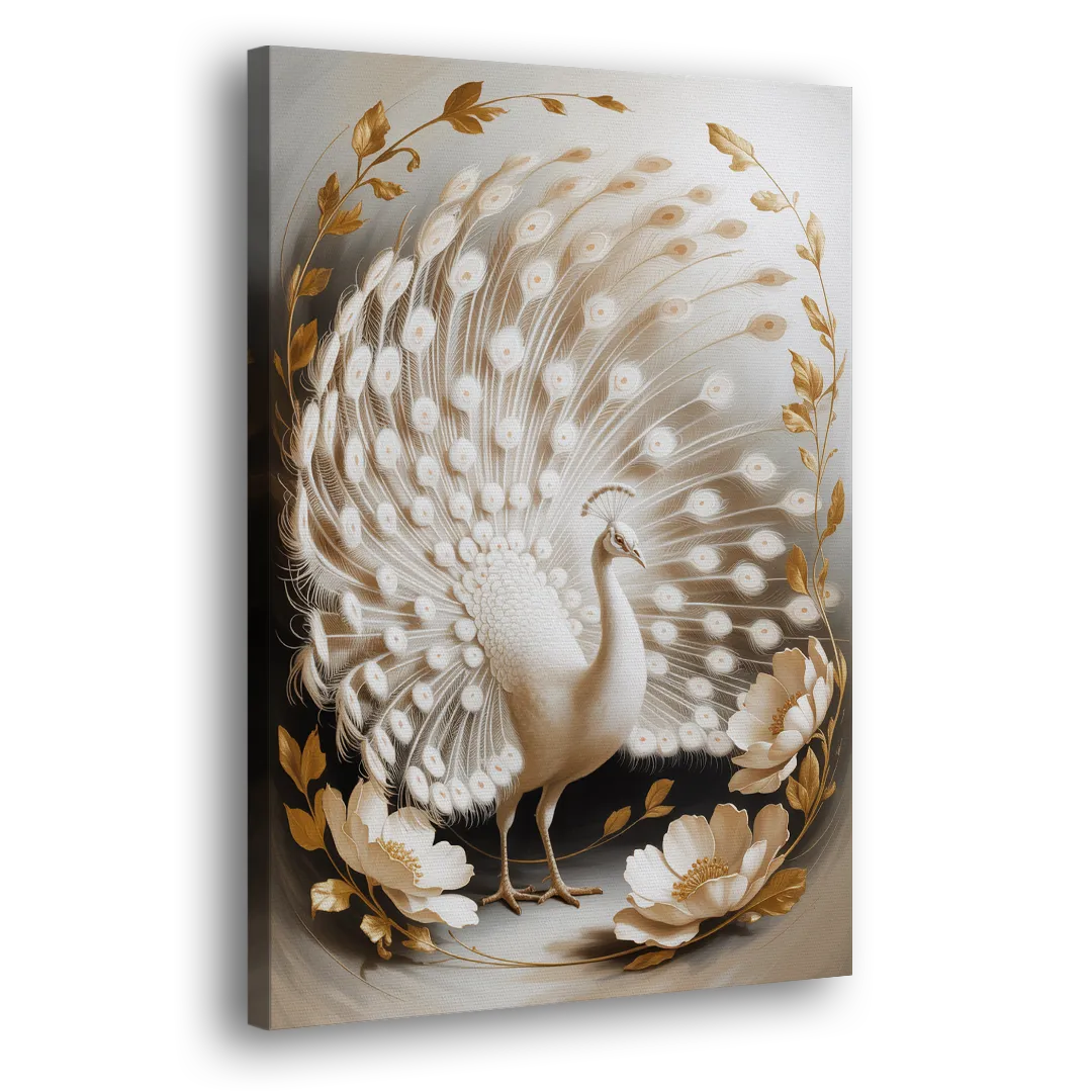 Elegant Peacock in White and Gold Side - Canvas Wall Art