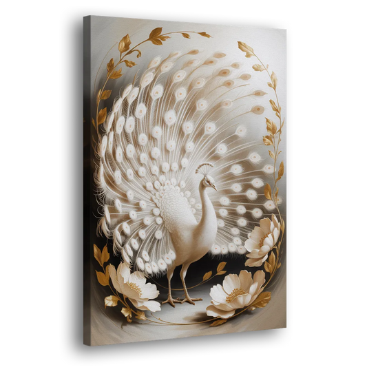 Elegant Peacock in White and Gold Side - Canvas Wall Art