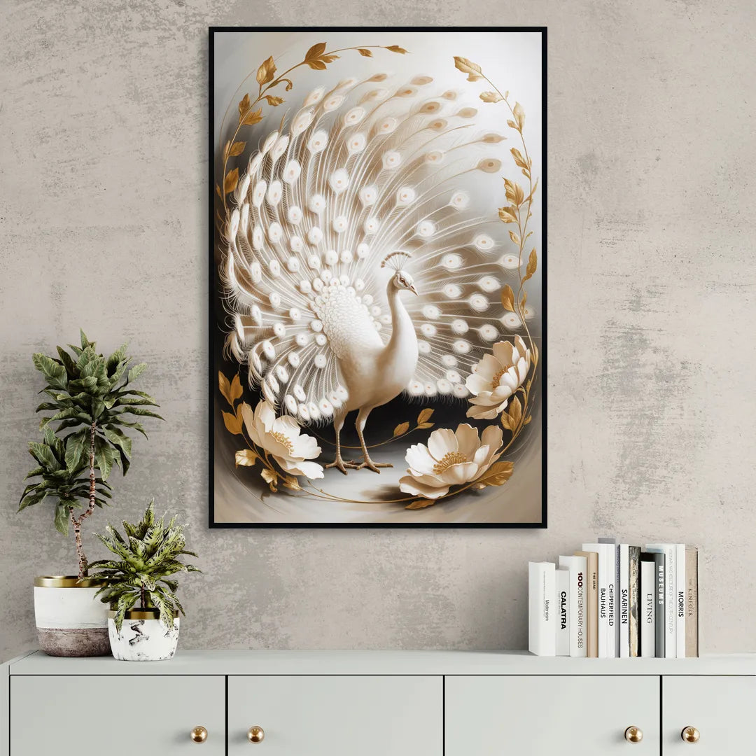 Elegant Peacock in White and Gold Living Room - Black Canvas Wall Art