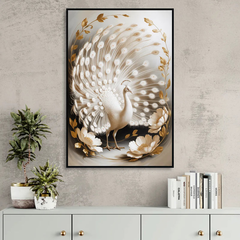 Elegant Peacock in White and Gold Living Room - Black Canvas Wall Art