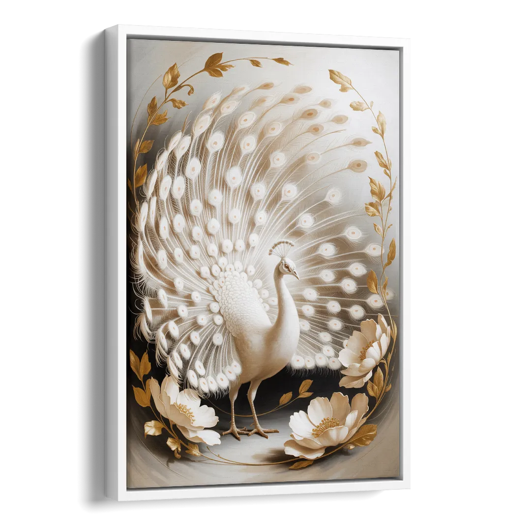 Elegant Peacock in White and Gold Side - White Canvas Wall Art