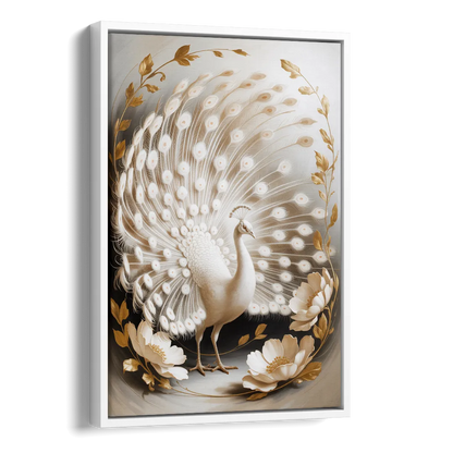 Elegant Peacock in White and Gold Side - White Canvas Wall Art
