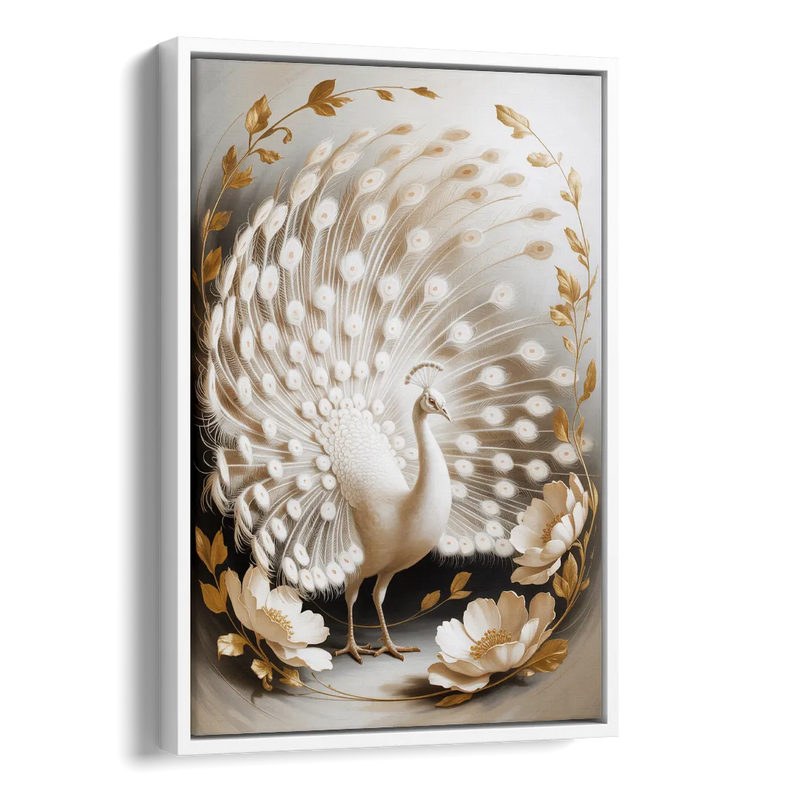 Elegant Peacock in White and Gold Side - White Canvas Wall Art