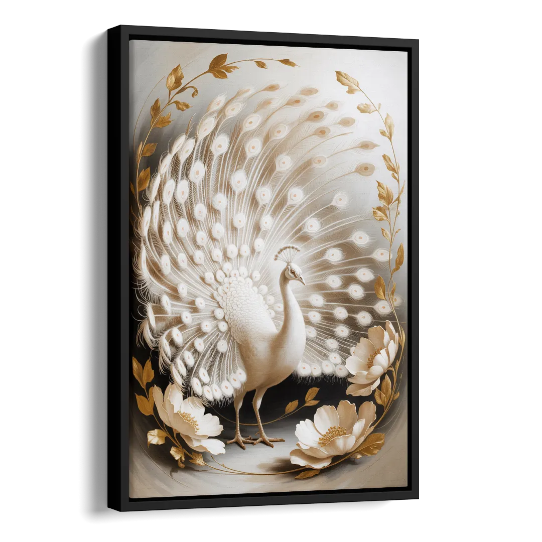 Elegant Peacock in White and Gold Side - Black Canvas Wall Art