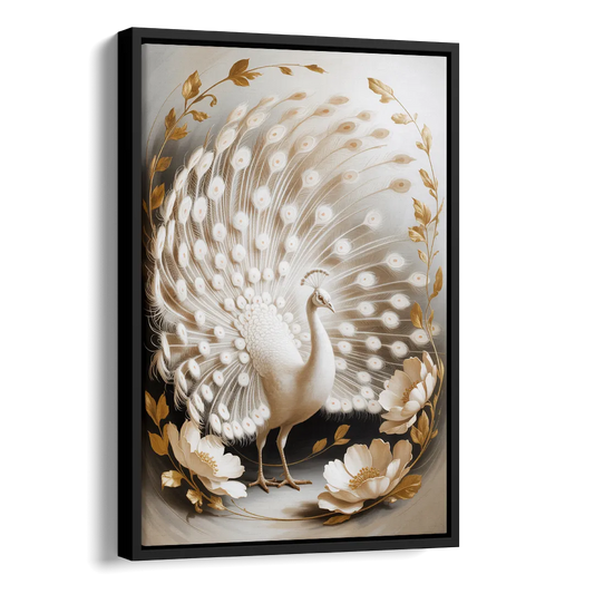 Elegant Peacock in White and Gold Side - Black Canvas Wall Art