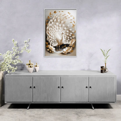 Elegant Peacock in White and Gold - Living Room White Frame Canvas