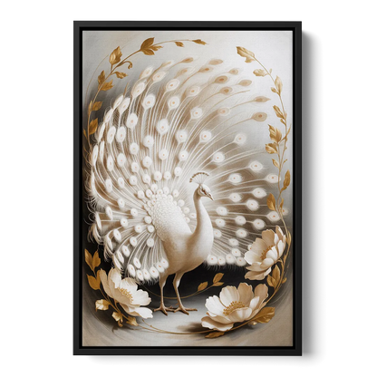 Elegant Peacock in White and Gold Front - Black Canvas Wall Art