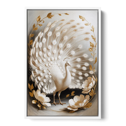 Elegant Peacock in White and Gold - White Frame Canvas