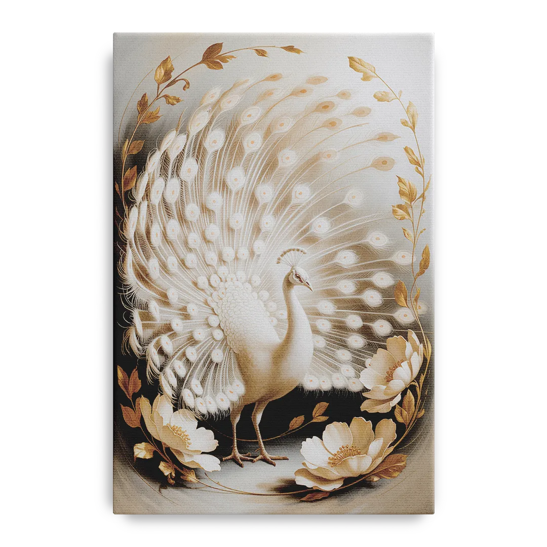 Elegant Peacock in White and Gold Front - Canvas Wall Art