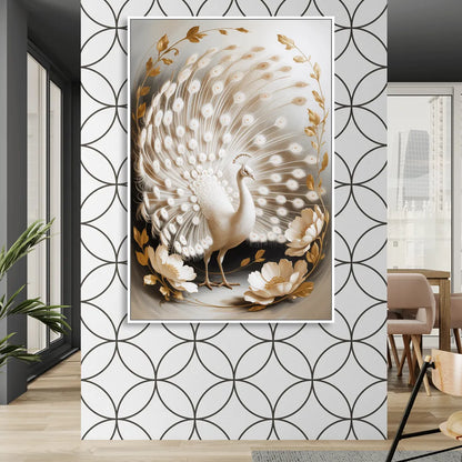 Elegant Peacock in White and Gold Sitting Room - White Canvas Wall Art