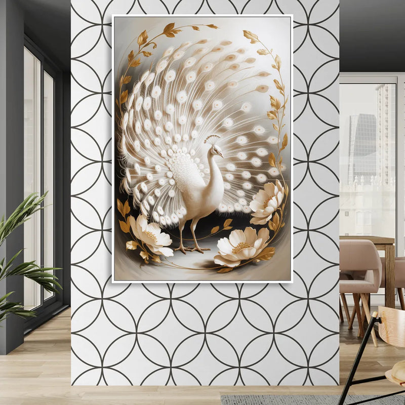 Elegant Peacock in White and Gold Sitting Room - White Canvas Wall Art