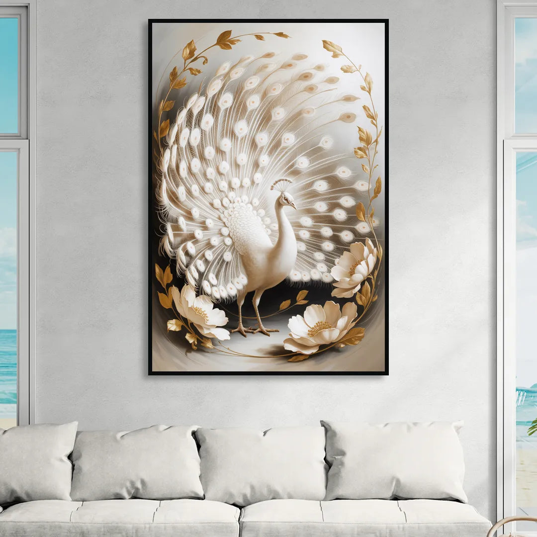 Elegant Peacock in White and Gold Sitting Room - Black Canvas Wall Art