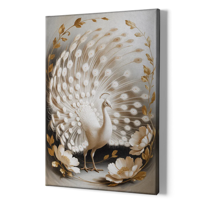 Elegant Peacock in White and Gold - Canvas Print Art Sides