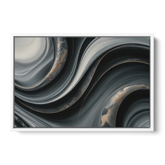 Elegant Ripples Black and Grey Abstract - White Framed Canvas Wall Art - Front