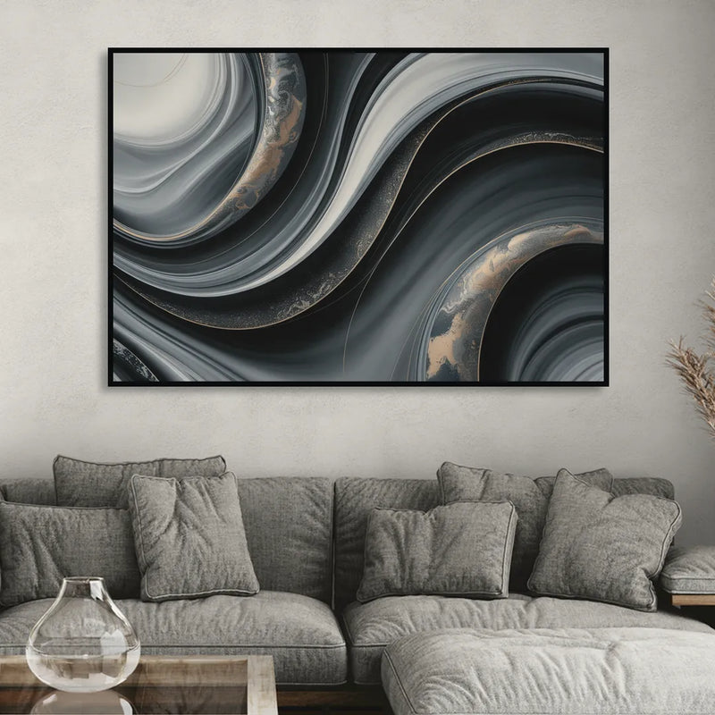 Elegant Ripples Black and Grey Abstract Sitting Room - Black Canvas Wall Art