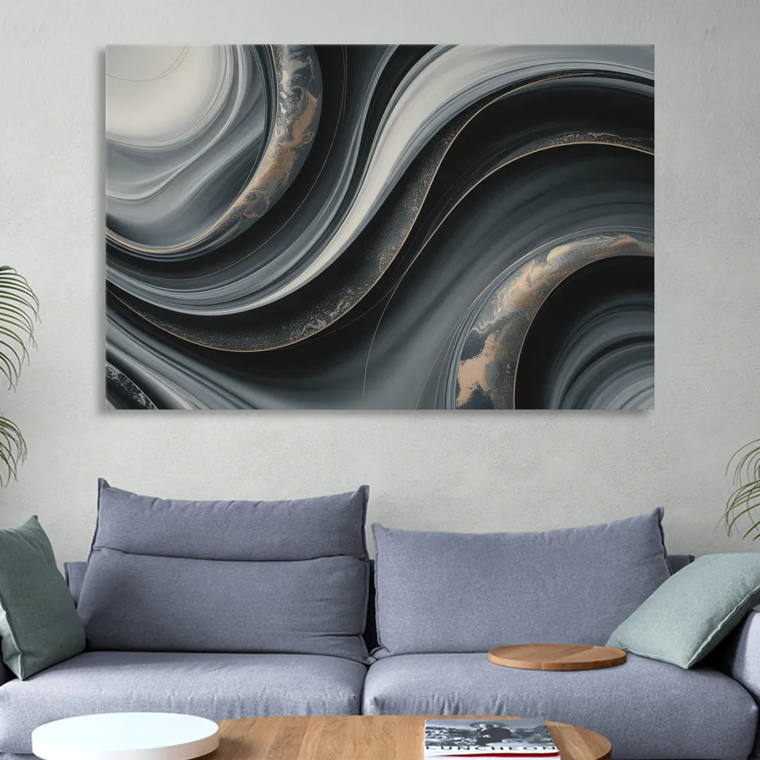 Elegant Ripples Black and Grey Abstract Living Room - Canvas Wall Art