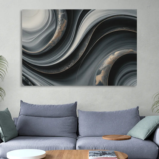 Elegant Ripples Black and Grey Abstract Living Room - Canvas Wall Art