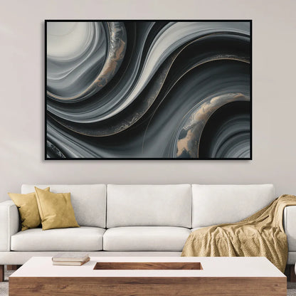 Elegant Ripples Black and Grey Abstract Living Room - Black Canvas Wall Art
