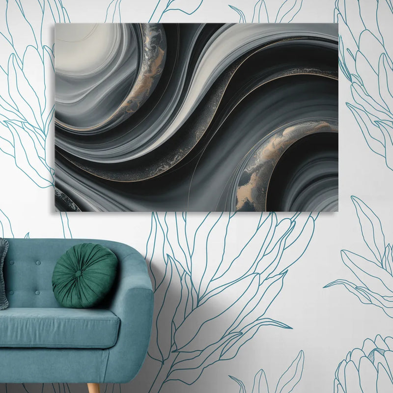 Elegant Ripples Black and Grey Abstract Sitting Room - Canvas Wall Art