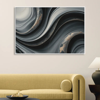 Elegant Ripples Black and Grey Abstract Sitting Room - White Canvas Wall Art