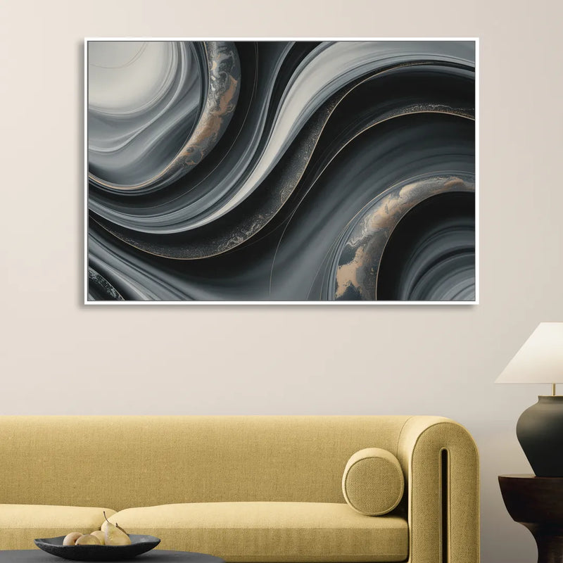 Elegant Ripples Black and Grey Abstract Sitting Room - White Canvas Wall Art