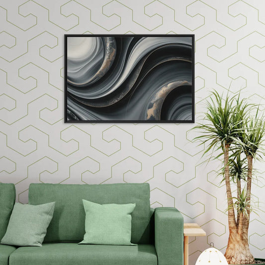 Elegant Ripples Black and Grey Abstract - Living Room Black Frame Canvas