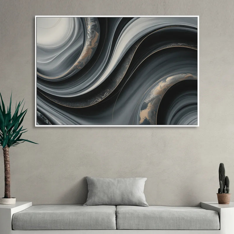 Elegant Ripples Black and Grey Abstract Living Room - White Canvas Wall Art