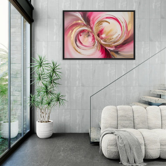 Elegant Swirl Pink and Gold Abstract - Living Room Black Frame Canvas