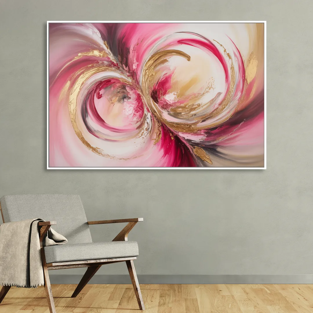 Elegant Swirl Pink and Gold Abstract Sitting Room - White Canvas Wall Art