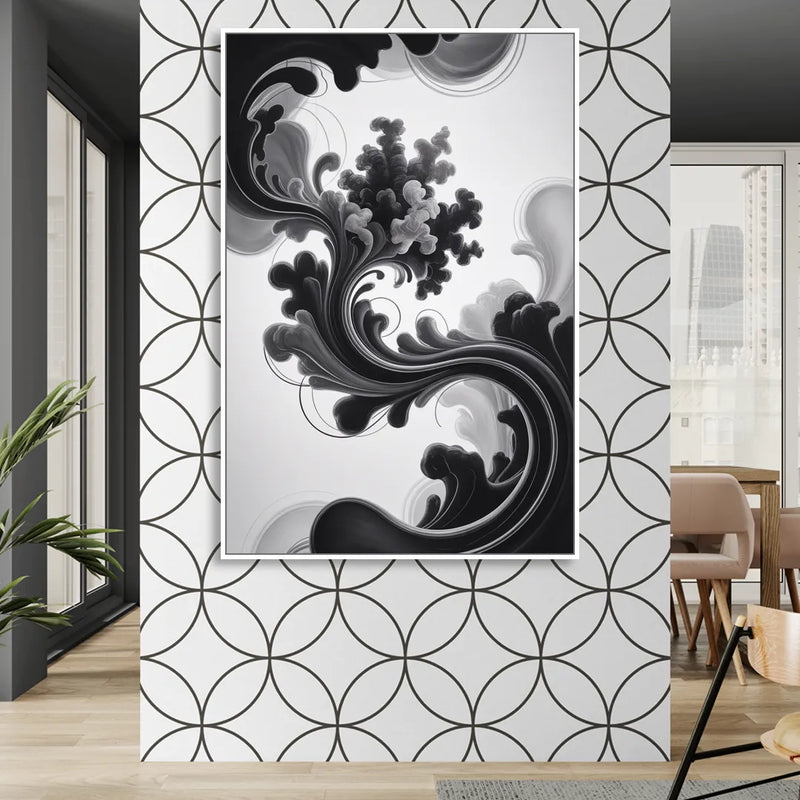 Elegant Swirls Black and White Abstract Living Room - White Canvas Wall Art