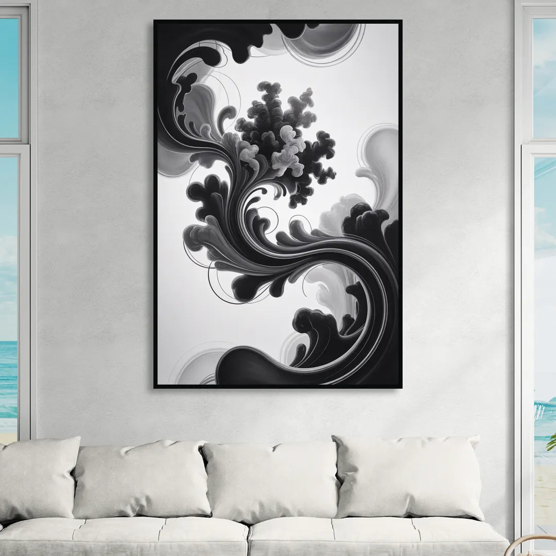 Elegant Swirls Black and White Abstract Living Room - Black Canvas Wall Art