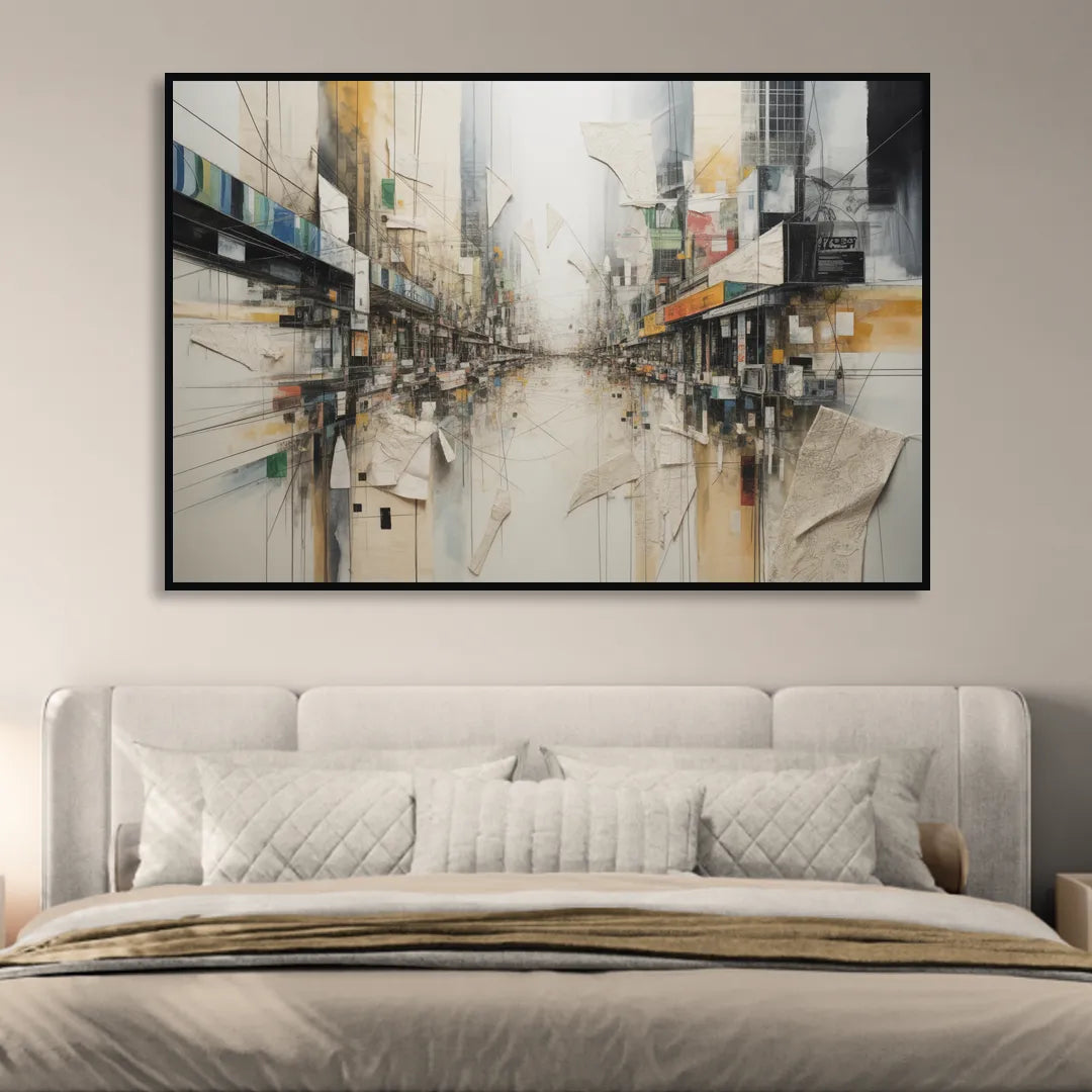 Elegant Urban Layers White Abstract Living Room - Black Canvas Wall Art