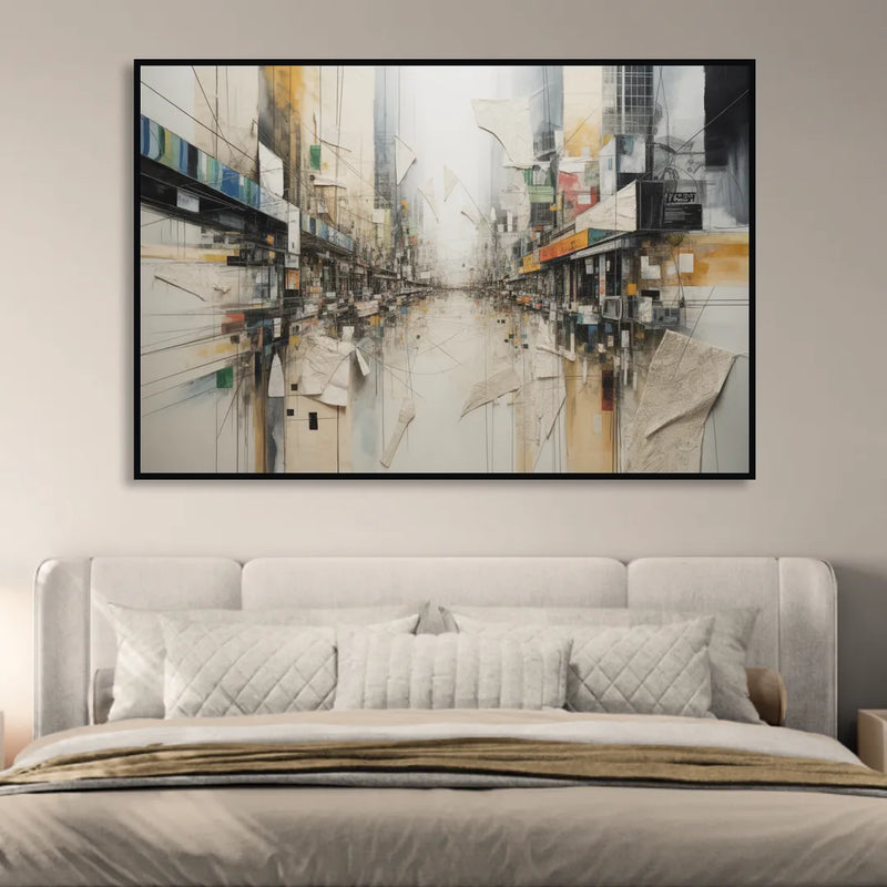 Elegant Urban Layers White Abstract Living Room - Black Canvas Wall Art