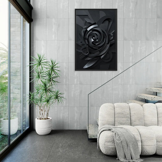 Elegant Vortex Swirl Black Abstract - Living Room Black Frame Canvas