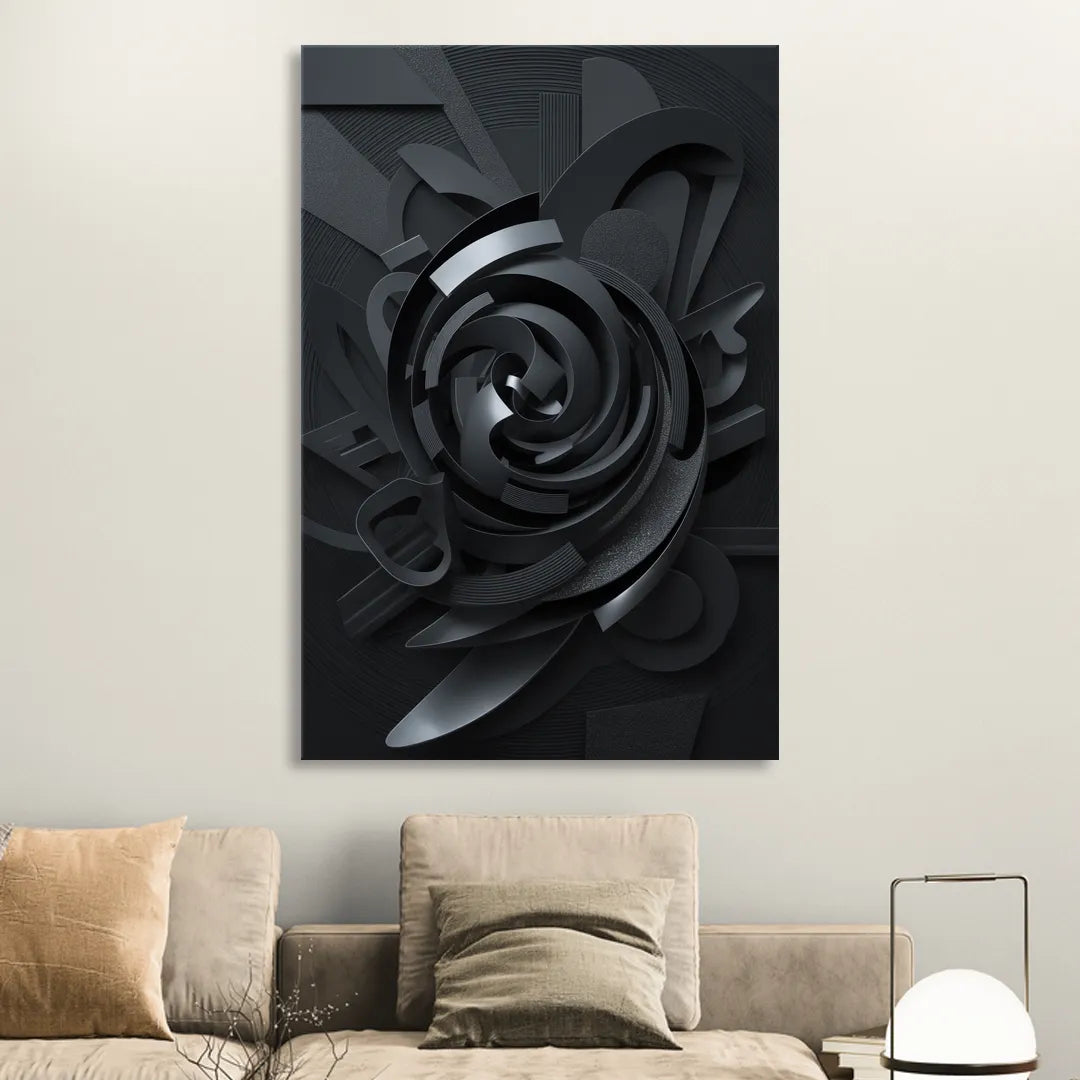 Elegant Vortex Swirl Black Abstract Living Room - Canvas Wall Art