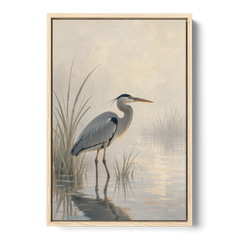 Elegant Wall Art of a Grey Heron at Dawn - Oak Framed Canvas Wall Art - Front