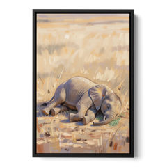Elephant Calf Asleep on Its Side - Black Framed Canvas Wall Art - Front