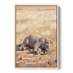 Elephant Calf Asleep on Its Side - Oak Framed Canvas Wall Art - Front