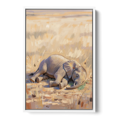 Elephant Calf Asleep on Its Side - White Framed Canvas Wall Art - Front