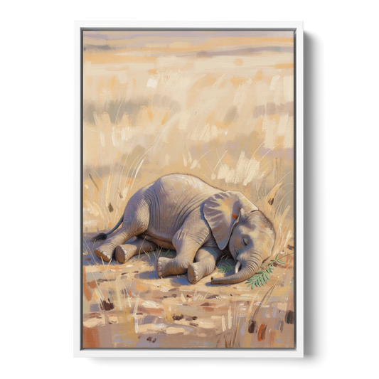 Elephant Calf Asleep on Its Side - White Framed Canvas Wall Art - Front