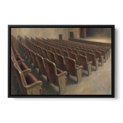Empty Red Velvet Theater Seats in Soft Haze - Black Framed Canvas Wall Art - Front