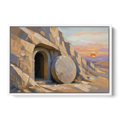 Empty Tomb Painting with Stone Rolled Away - White Framed Canvas Wall Art - Front