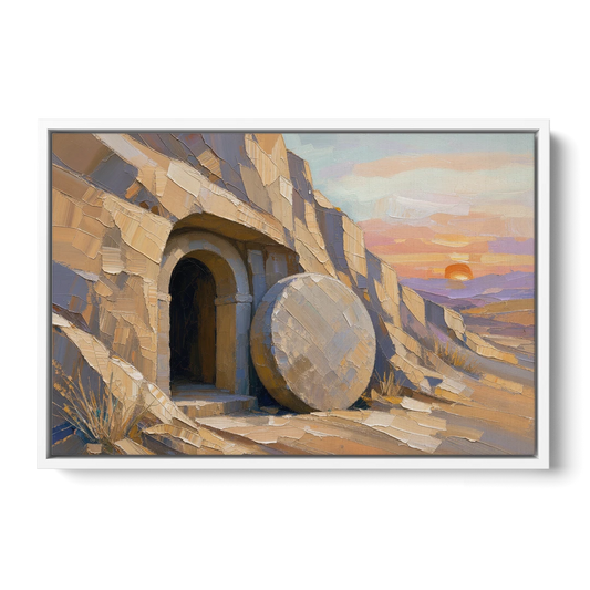 Empty Tomb Painting with Stone Rolled Away - White Framed Canvas Wall Art - Front