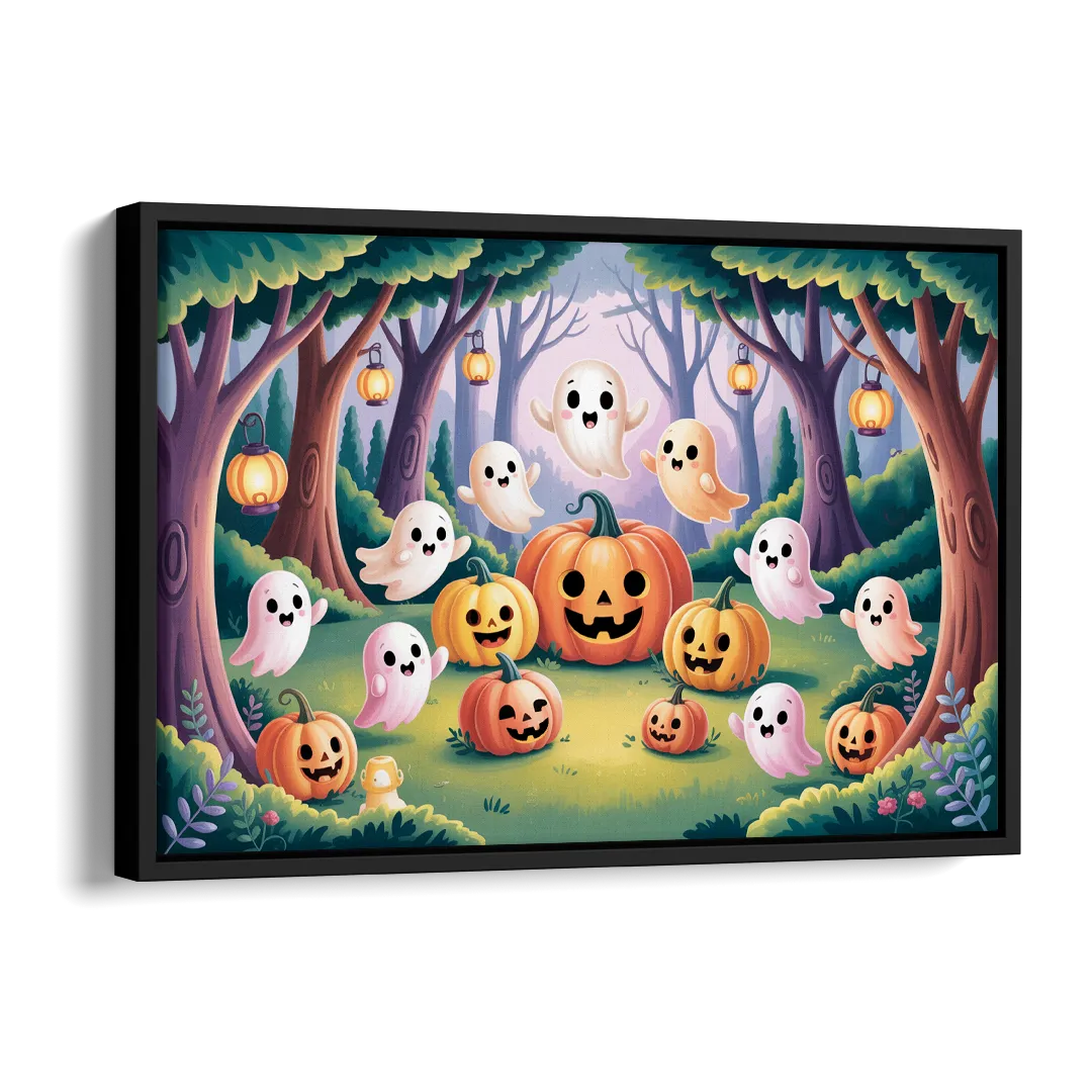 Enchanted Forest Cute Halloween Side - Black Canvas Wall Art