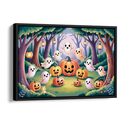 Enchanted Forest Cute Halloween Side - Black Canvas Wall Art