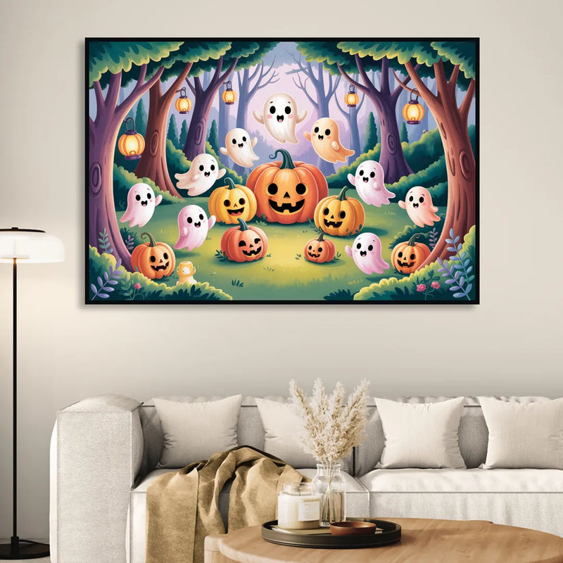 Enchanted Forest Cute Halloween Sitting Room - Black Canvas Wall Art